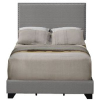 Queen Size Bed with Fabric Upholstery and Nailhead Accent, Gray