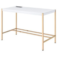 Writing Desk with USB Dock and Metal Legs, White and Rose Gold