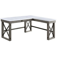 L Shape Writing Desk with Marble Lift Top and Sled Base, Gray and White