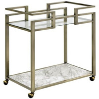 2 Tier Serving Cart with Faux Marble and Metal Frame, Silver