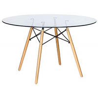 LeisureMod Dover Round Glass Top Dining Table W/ Natural Wood Eiffel Base