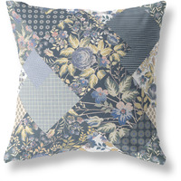 Arizona Floral Patches Broadcloth Indoor Outdoor Blown and Closed Pillow by Amrita Sen in Dark Blue Yellow