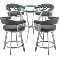 Naomi and Chelsea 5-Piece Counter Height Dining Set in Brushed Stainless Steel and Grey Faux Leather