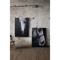 OIL PAINTING BLACK & WHITE FRONT VIEW HORSE W SILVER FRAME