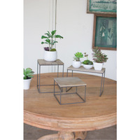 SET OF THREE WOOD AND METAL TABLE TOP RISERS