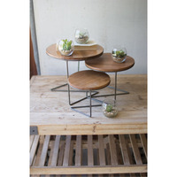 SET OF THREE ROUND WIRE DISPLAY RISERS WITH WOOD TOPS