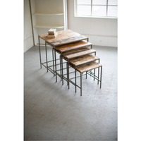 SET OF FIVE RECYCLED WOOD AND IRON SQUARE DISPLAY TABLES