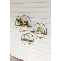 SET OF THREE RECYCLED WOOD SHELVES WITH ROUND METAL FRAMES