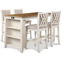 Han 60 Inch 5 Piece Counter Table Set with USB Ports, White and Brown