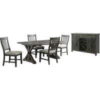 Sunset Trading Trestle 6 Piece Dining Set | 96" Rectangular Extendable Table | Sideboard with 20 Bottle Wine Rack | Distressed Gray Wood | 4 Upholstered Chairs | Seats 8