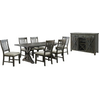 Sunset Trading Trestle 8 Piece Dining Set | 96" Rectangular Extendable Table | Sideboard with 20 Bottle Wine Rack | Distressed Gray Wood | 6 Upholstered Chairs | Seats 8