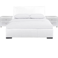 Hindes Upholstered Platform Bed, White, King with 2 Nightstands