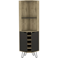 TUHOME Audra Corner Bar Cabinet -Six Wine Cubbies, Two Shelves, Four Shelves With Door, Four Legs-Macadamia/Black, For Living Room