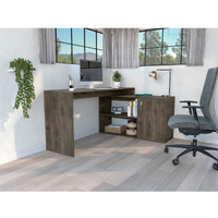 TUHOME Axis Desk, Countertop Desk, Two Internal Shelves, One Door Cabinet, Two Open Shelves, Dark Brown, For Livingroom