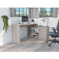 TUHOME Axis Desk, Countertop Desk, Two Internal Shelves, One Door Cabinet, Two Open Shelves, Light Grey, For Livingroom