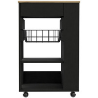 TUHOME Blosson Kitchen Cart,  One Drawer, Two Open Shelves, Rack, Four Caster Wheels-Black-Light Oak, For Kitchen Room