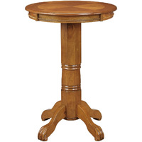 Ava 42 Inch Wood Pub Bar Table, Sunburst Design, Carved Pedestal, Oak