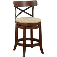 Mia 24 Inch Swivel Counter Stool, Crossed Metal Back, Sedge Seat, Brown