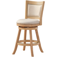 Kia 24 Inch Solid Wood Swivel Counter Stool, Curved Panel Back, Brass Nailheads, Ivory