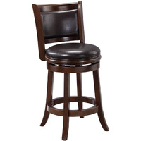 Pal 24 Inch Swivel Counter Stool, Solid Wood, Faux Leather, Espresso Brown