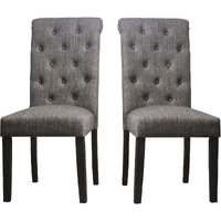 27 Inch Fabric Dining Chair, Button Tufted Rolled Back, Wood, Gray