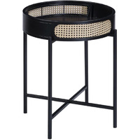 Bert 24 Inch Round End Table, Rattan Apron Accent, Metal Legs, Black