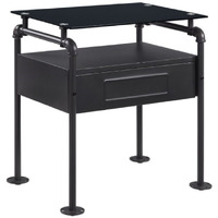 23 Inch Metal Nightstand Side Table, Tempered Glass, Industrial, Dark Gray