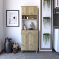 TUHOME Della 60 Pantry Cabinet, Three Shelves, One Drawer, Countertop, Four Legs, Two Double Door Cabinets- Light Oak, For Kitchen Room