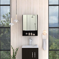 TUHOME Jaspe Mirror Cabinet, Mirror, Three Internal Shelves, One Open Shelf, Two-Door Cabinet, Black, For Bathroom
