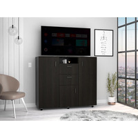 TUHOME Letna Two-Door Cabinet Dresser, Countertop, Two Drawers, Four Internal Shelves, Three Cabinets With Door, Rod -Black, For Bedroom