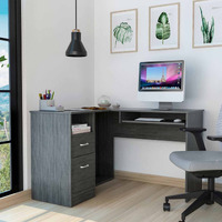 TUHOME Mix L-Shaped Desk, Countertop Desk, Flexible Shelf For Keyboard, Two Drawers, One Open Shelf, Grey Oak, For Office