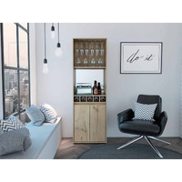 TUHOME Prana Bar Cabinet, Two Shelves, Five Wine Cubbies, Cup Rack, Two Door Cabinet, Two Internal Shelves, Light Oak, For Living Room