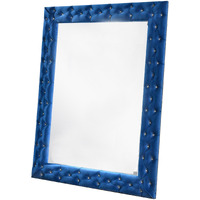 Velvet Wrapped Wooden Frame Mirror with Button Tufting, Blue