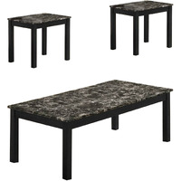 3 Piece Coffee Table and End Table with Faux Marble Top, Black