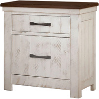 Nightstand with Plank Design 2 Drawers and USB Plugs, White and Brown