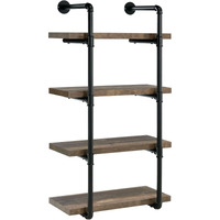 Wall Shelf with 4 Shelves and Piped Metal Frame, Brown and Black