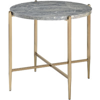 End Table with Oval Marble Top and X Shaped Support, Gray and Gold