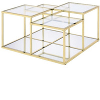 Coffee Table with Glass Top and Tubular Frame, Gold