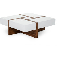 Cid 39 Inch Modern Wood Coffee Table, Puzzle Top Storage, White, Walnut
