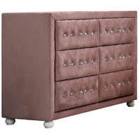 Rex 40 Inch Modern Upholstered Dresser, 6 Drawers, Crystal Handles, Pink