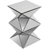 20 Inch Modern End Table, Square Mirror Top, Silver Geometric Pedestal Base