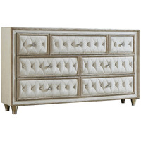 Matt 61 Inch Side Dresser, 7 Drawers, Velvet Tufted, Ivory, Light Brown