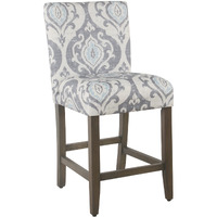 Wooden Counter Height Stool with Damask Pattern Fabric Upholstery, Gray and Blue