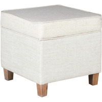 Square Shape Fabric Upholstered Ottoman with Lift Off Top and Wooden Tapered Feet, White and Brown