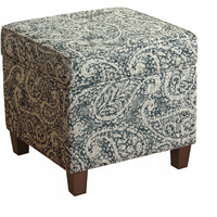 Paisley Pattern Fabric Upholstered Wooden Ottoman with Lift Off Top, Blue and Gray