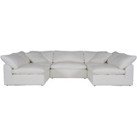 Sunset Trading Contemporary Puff Collection 5PC Slipcovered U-Shaped Sectional Sofa, Performance Fabric Washable Water-Resistant Stain-Proof, 132" Deep-Seating Down-Filled Modular Couch, White