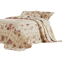 Rosle 3 Piece King Bedspread Set, Floral Print, Scalloped, Cream, Pink