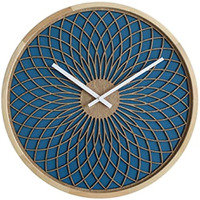 STELLA, Wood Wall Clock with 3D Dial Face Pattern over a blue background