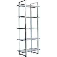 79 Inch Bookcase, Metal Frame, Tempered Glass Shelves, Polished, Silver