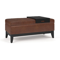 Oregon Storage Ottoman Bench with Tray in Distressed Saddle Brown Faux Leather
